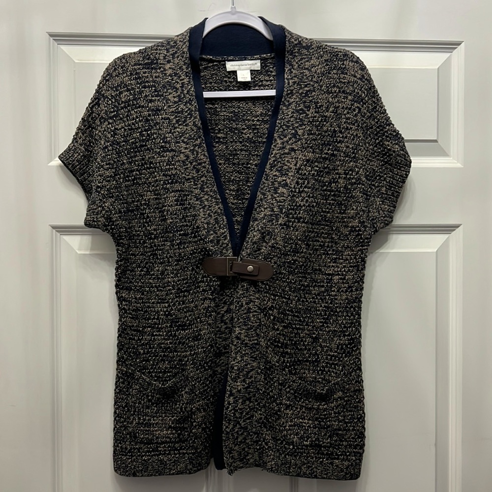 Large Christopher Banks navy blue/beige cotton short sleeve cardigan
